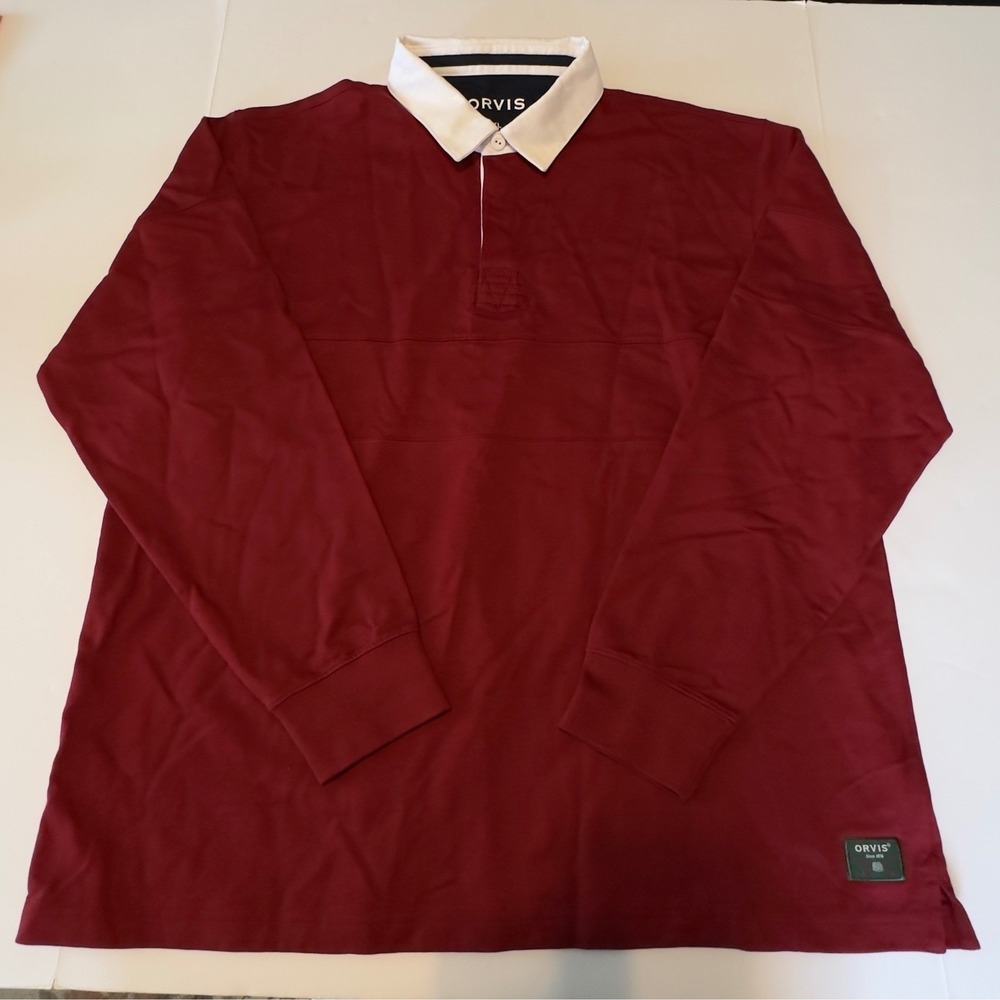 Orvis Mens XL Burgundy Long Sleeve Rugby Shirt 100% Cotton Collared Polo Preppy